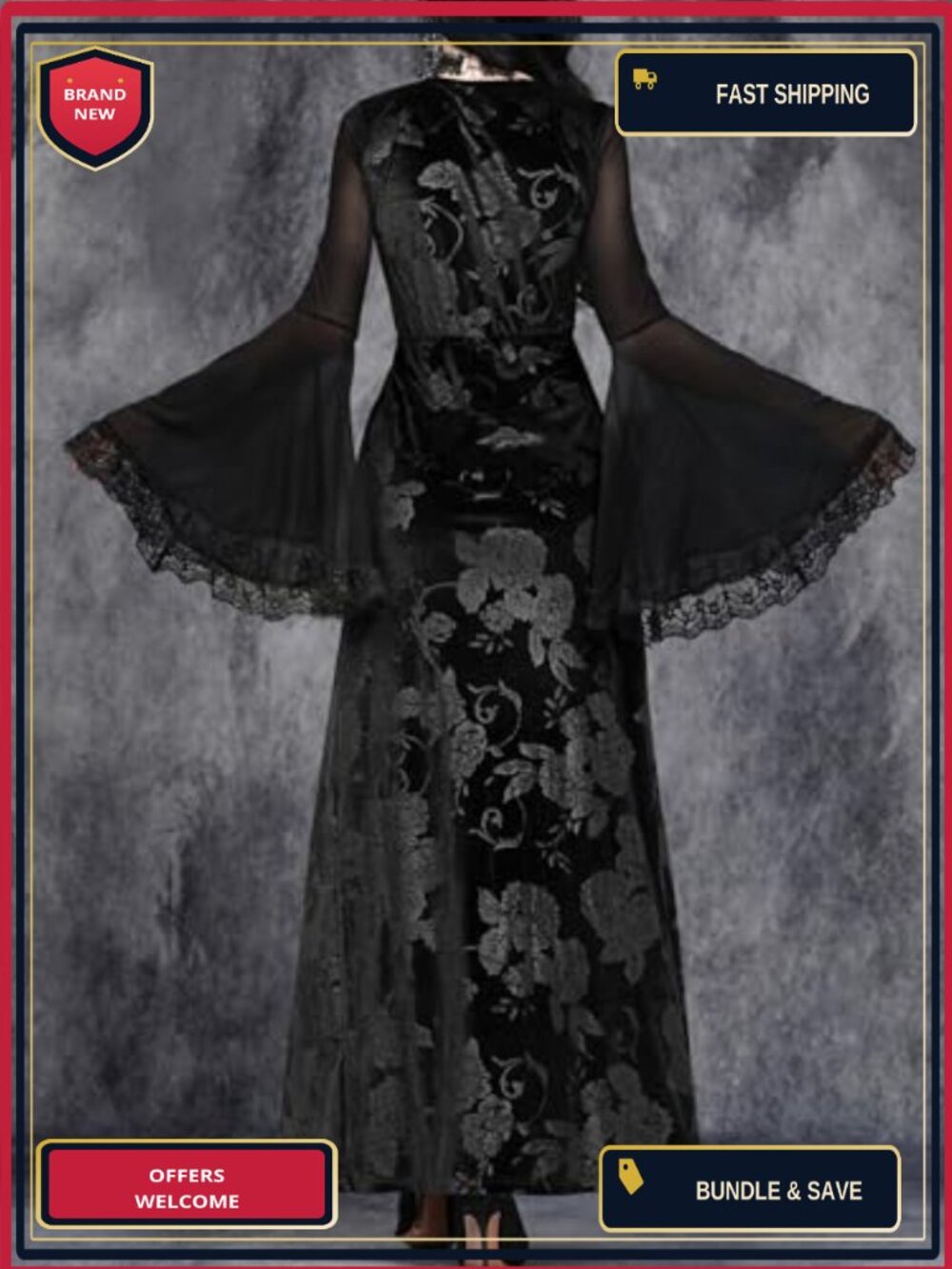 Gothic High Slit Maxi Dress Lace Embroidered Corset V-Neck Party Gown - Picture 2 of 6